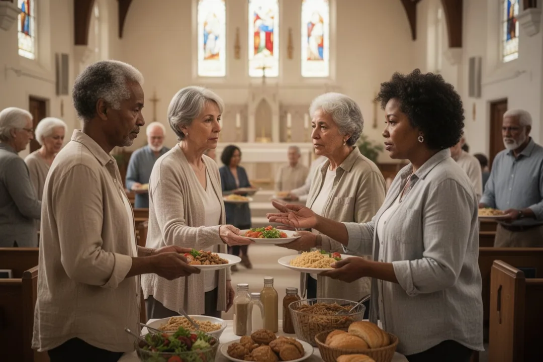 Church community members practicing patient, caring Christian love
