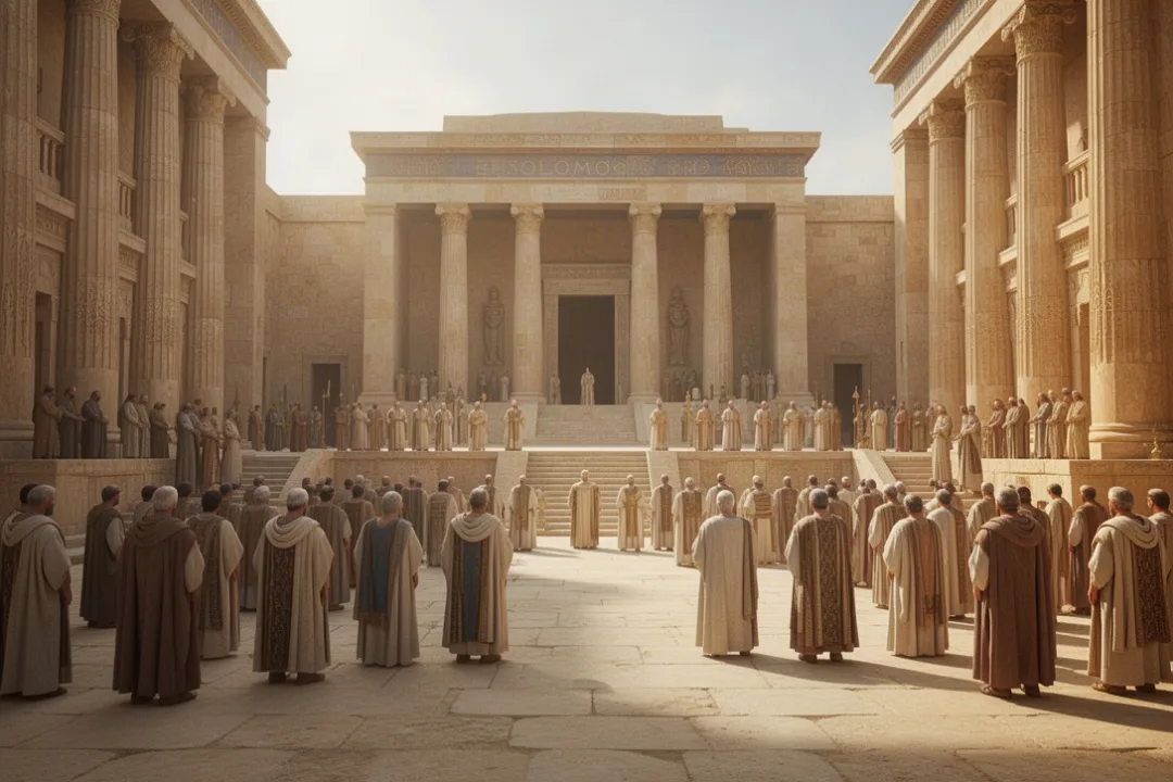 Solomon’s temple dedication with worshipers gathered in Jerusalem