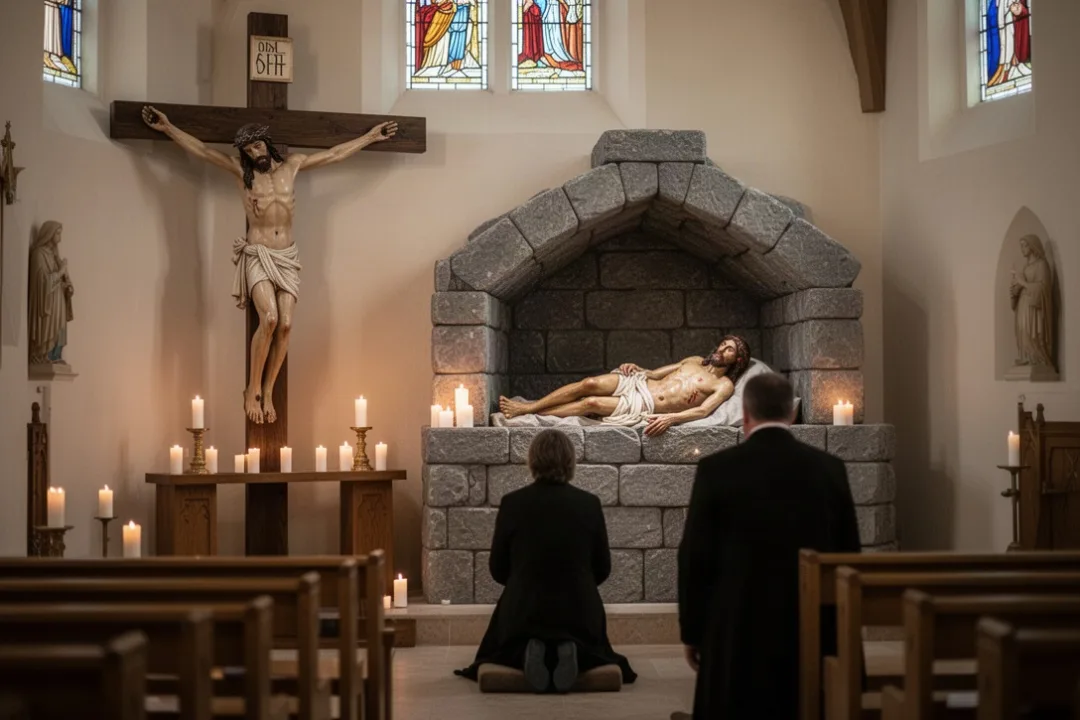 Worshiper praying before the 14th Station depicting Jesus in the tomb