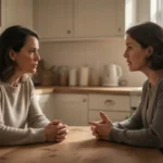 Two people practicing patient and respectful communication at home