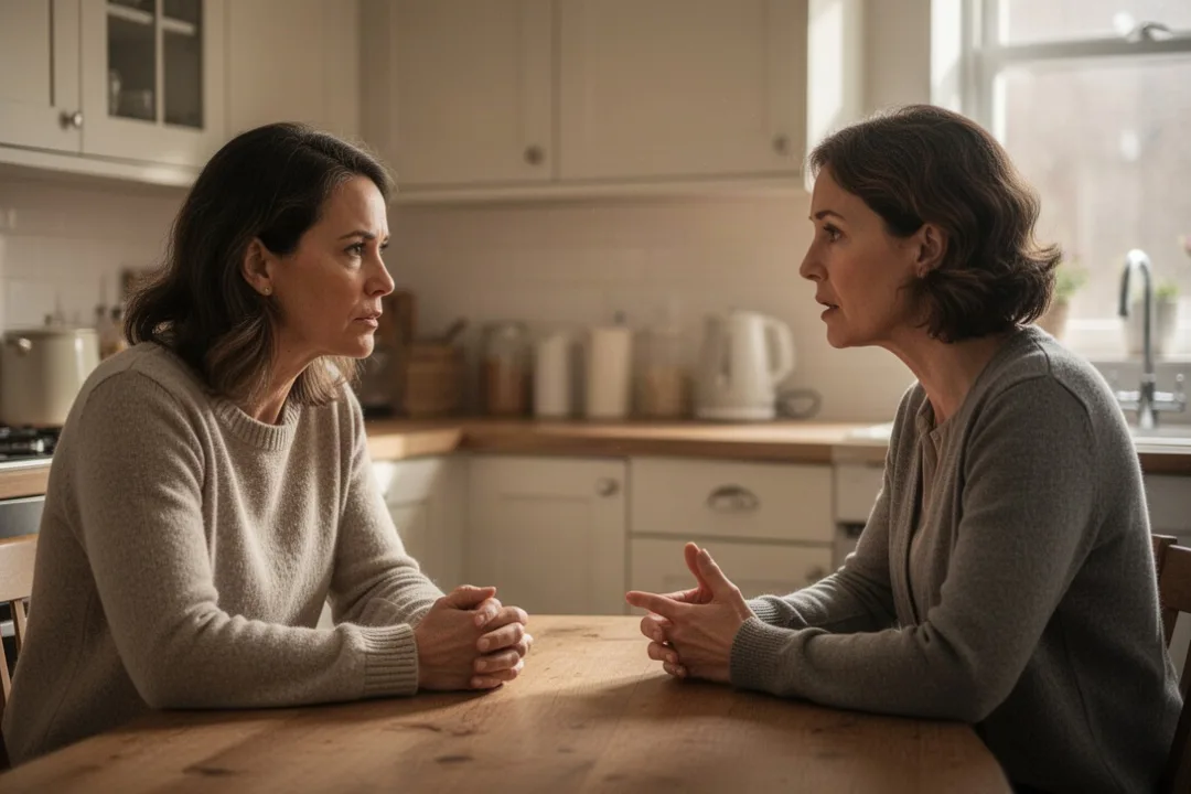 Two people practicing patient and respectful communication at home