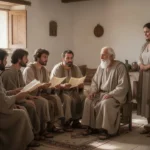 Early Christian believers sharing a faithful report in a Mediterranean home