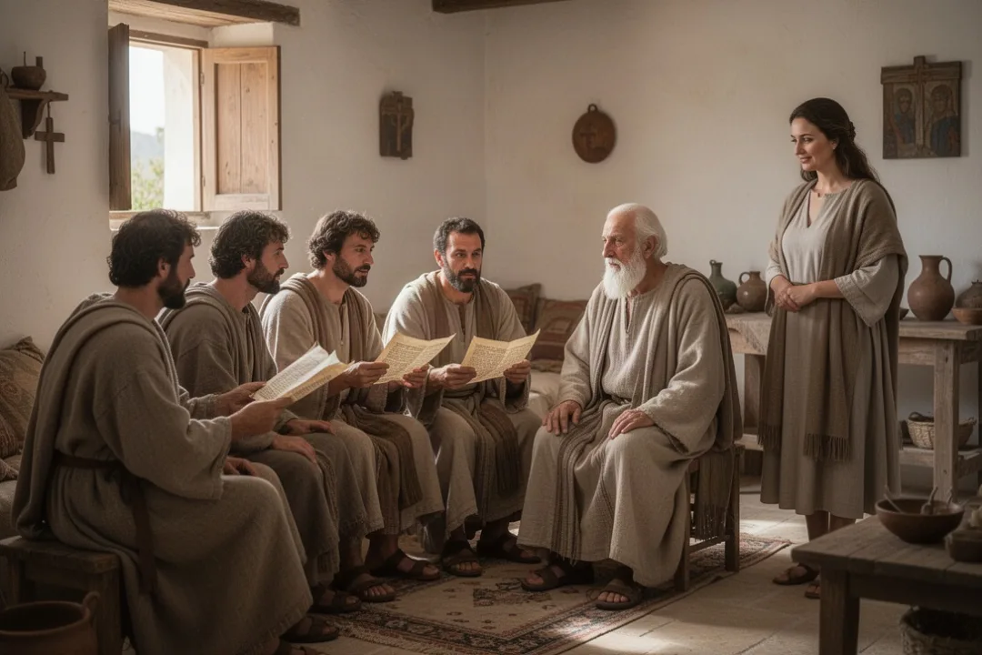 Early Christian believers sharing a faithful report in a Mediterranean home