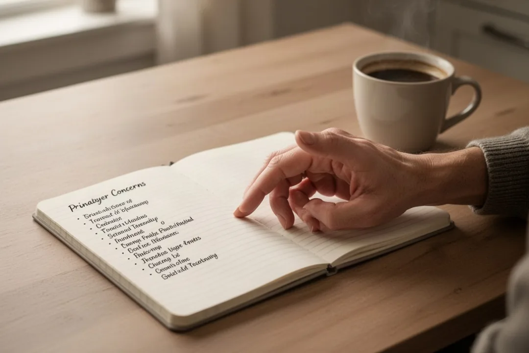 Hand using the five finger prayer method beside a quiet prayer notebook