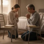 Person praying quietly beside a chair with an open Bible at dawn