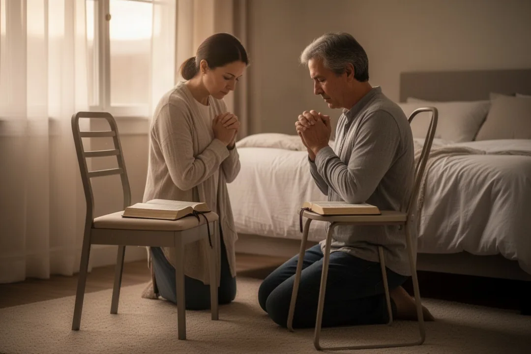 Person praying quietly beside a chair with an open Bible at dawn