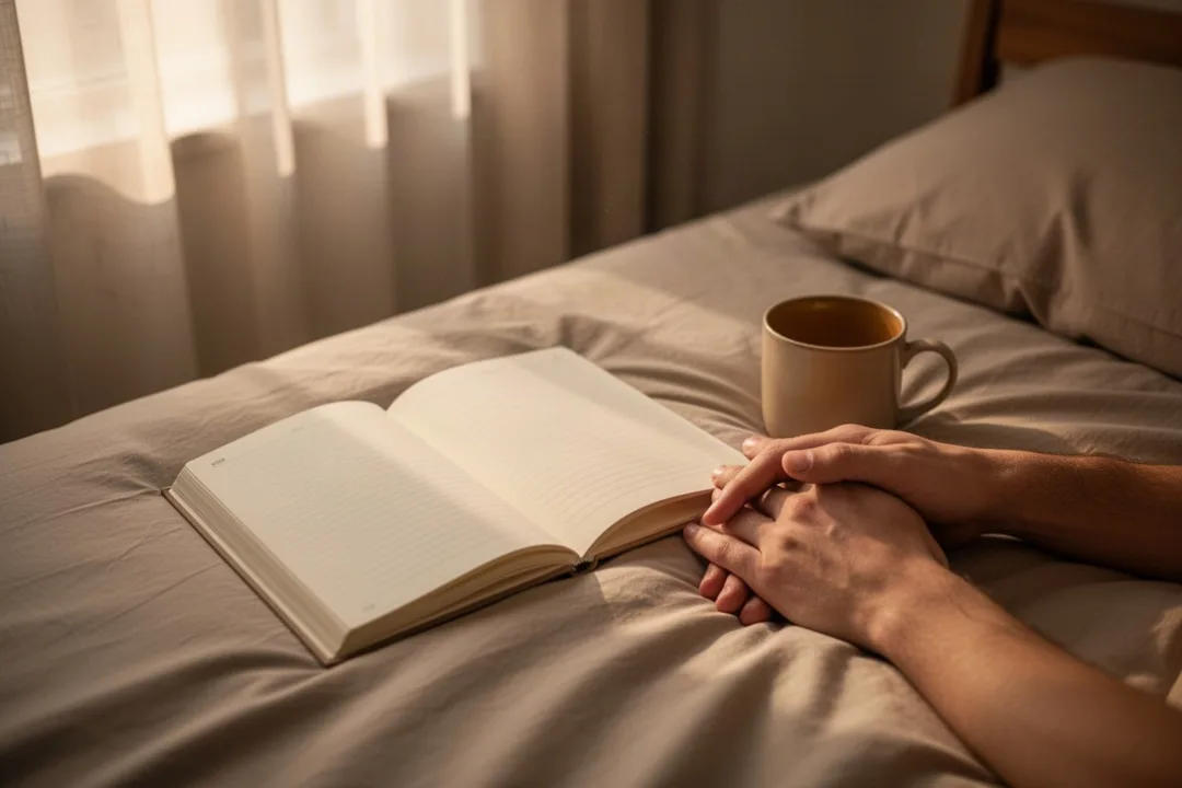 Hands resting beside a prayer journal in soft morning light