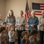 A prayer for America in times of uncertainty Diverse community praying together for America in a warmly lit room