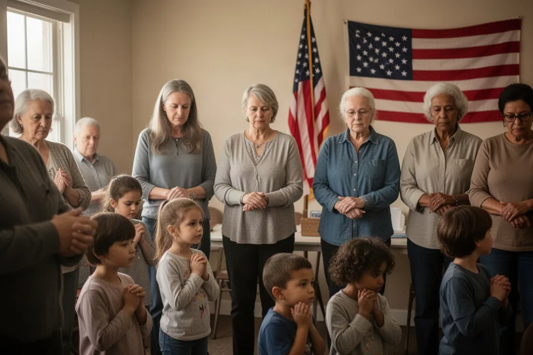Diverse community praying together for America in a warmly lit room
