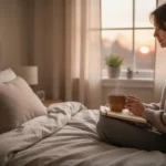 Person praying quietly beside a window with journal and warm mug