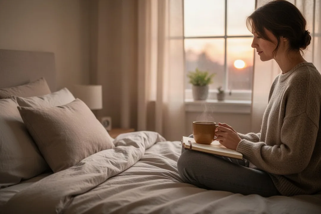Person praying quietly beside a window with journal and warm mug
