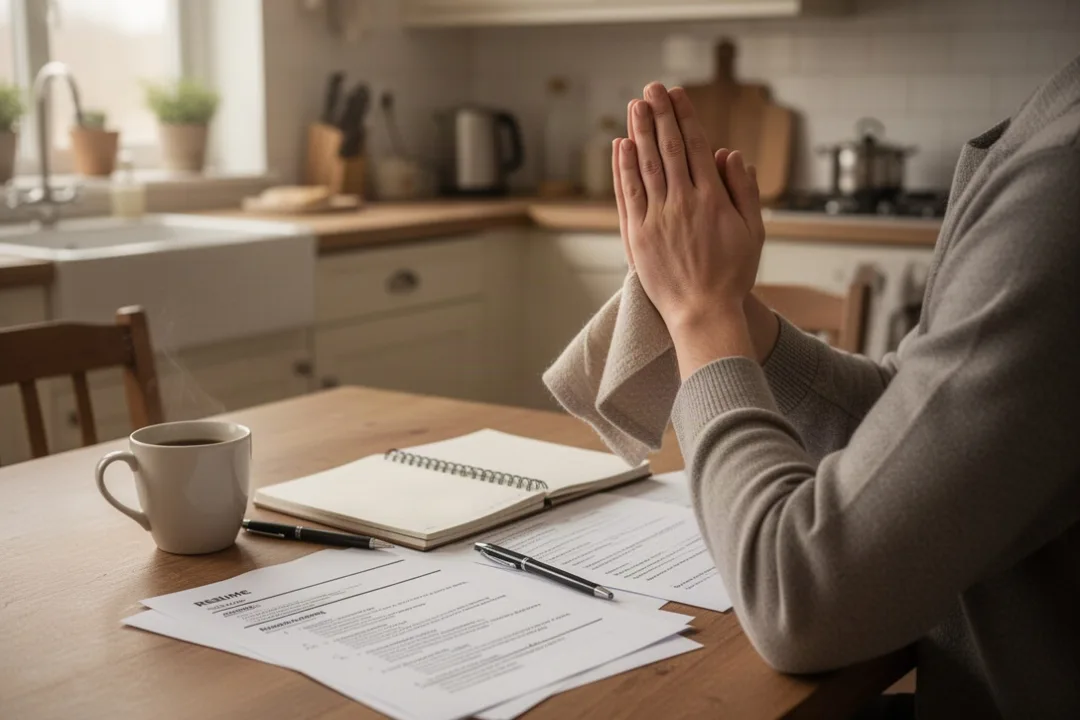 Person praying beside employment papers at a kitchen table