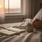 Hands resting beside an open journal during quiet morning prayer
