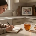 Adult child praying for parents beside a family photograph