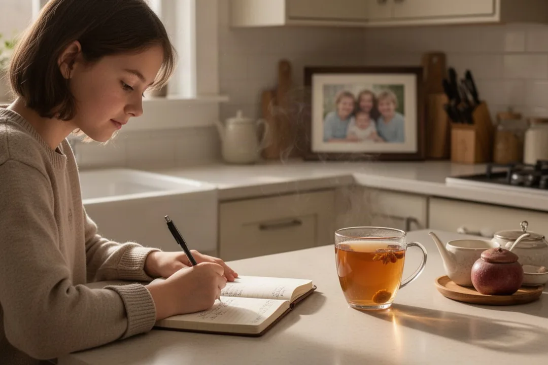 Adult child praying for parents beside a family photograph