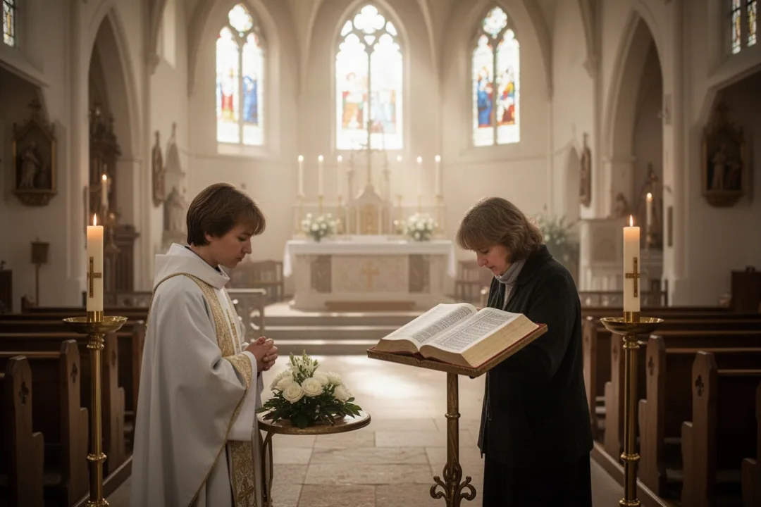 Person praying for a priest in a softly lit parish church