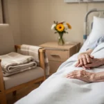 Quiet hospice bedside scene symbolizing prayer and compassionate presence
