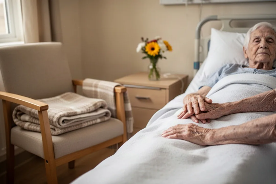 Quiet hospice bedside scene symbolizing prayer and compassionate presence