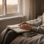 Person praying beside a window with an open journal