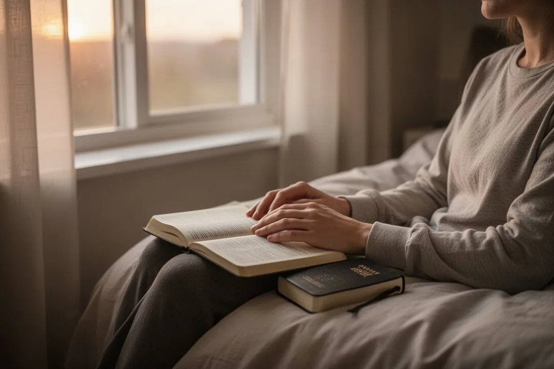 Person praying beside a window with an open journal