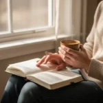 Person praying beside a sunlit window with journal and warm cup