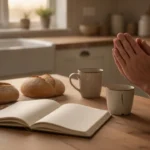 Hands resting in prayer beside a journal and bread at dawn