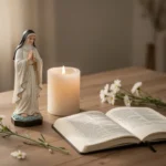 Prayerful home setting with Saint Thérèse statue, candle, journal, and flowers