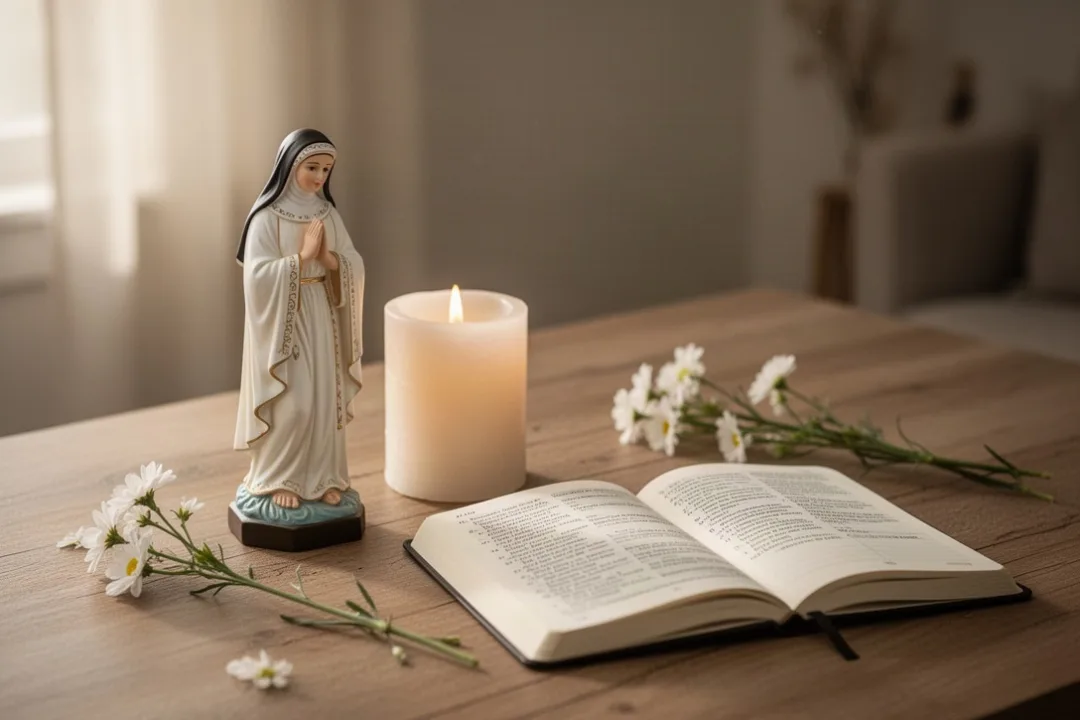 Prayerful home setting with Saint Thérèse statue, candle, journal, and flowers