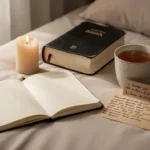 A quotation about God’s love for every season Journal and Bible beside a comforting card in warm morning light