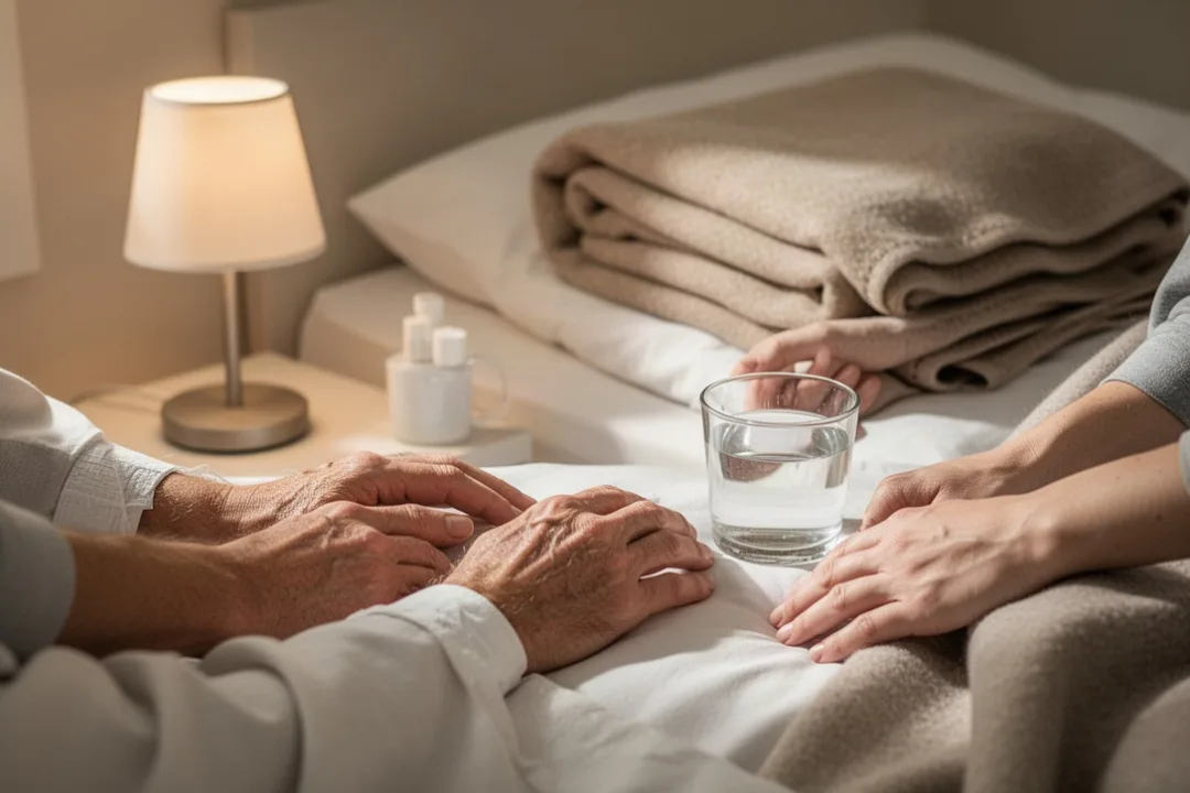 Supportive bedside scene representing prayer during healing and recovery
