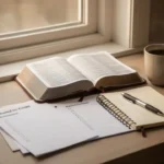 A year in the Bible: reading plans that work Open Bible and notebook prepared for a daily reading routine