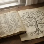 Ancient genealogy manuscript beside a branching family tree