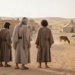 Abraham with Isaac and Ishmael near an ancient desert settlement