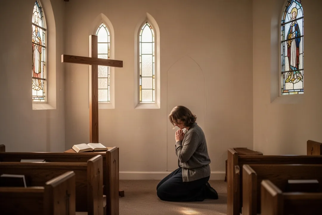Person praying quietly in a chapel beside a cross