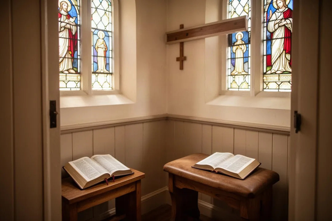Open prayer book beside a quiet Catholic confessional