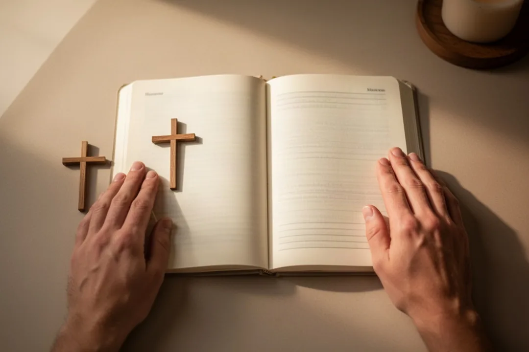 Quiet morning prayer with journal and cross beside resting hands