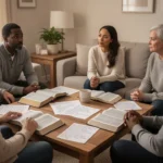 Acts Bible study: A practical guide to the early church Diverse group studying Acts with open Bibles and handwritten notes