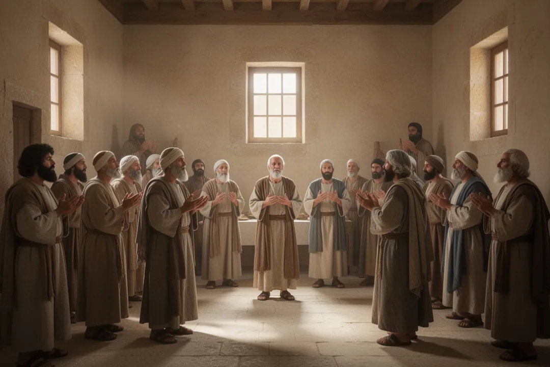 Early Christian believers gathering in Jerusalem for prayer