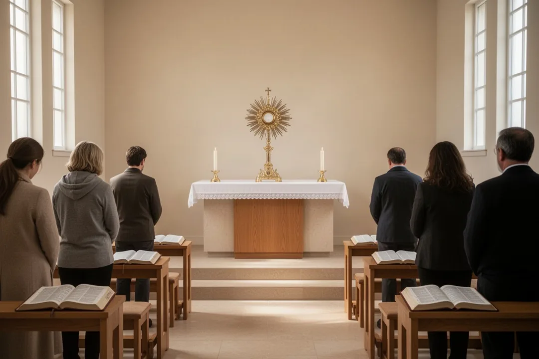 Catholics praying quietly before the exposed Blessed Sacrament in a chapel