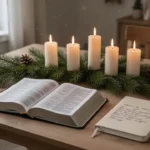 Open Bible and Advent candles arranged on a quiet winter table
