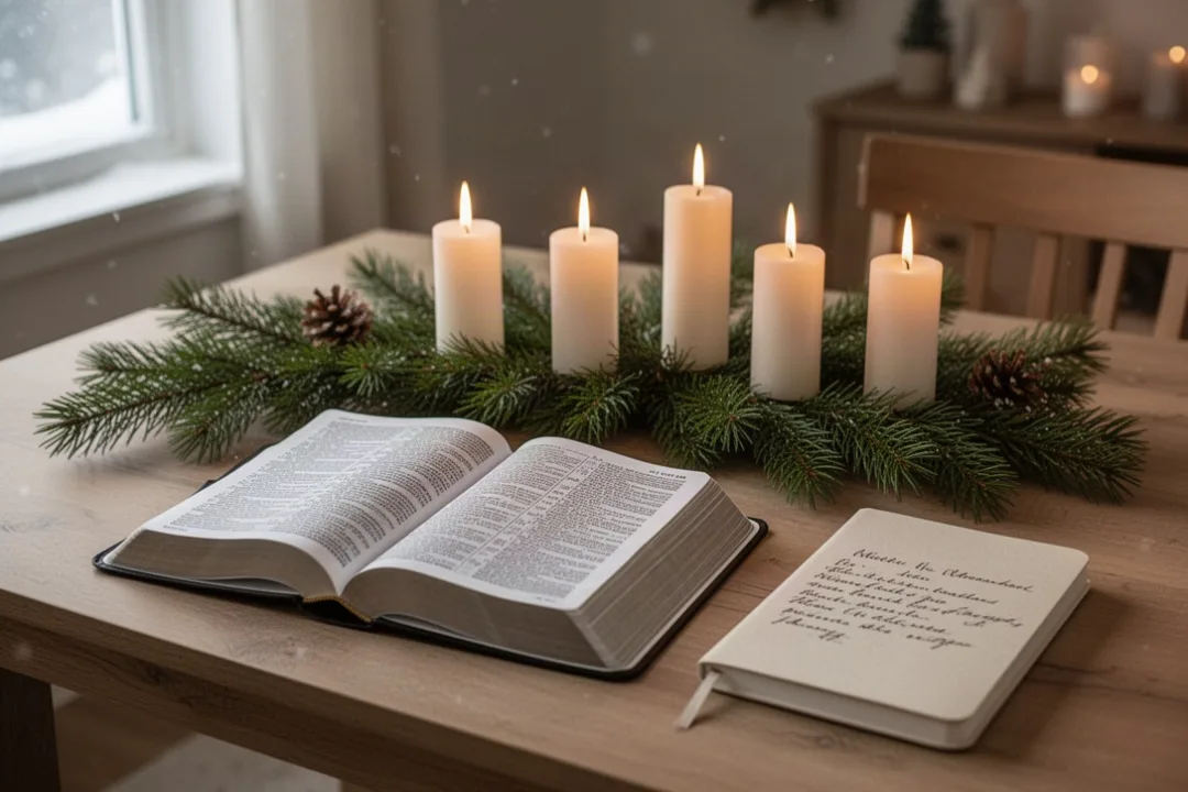 Open Bible and Advent candles arranged on a quiet winter table