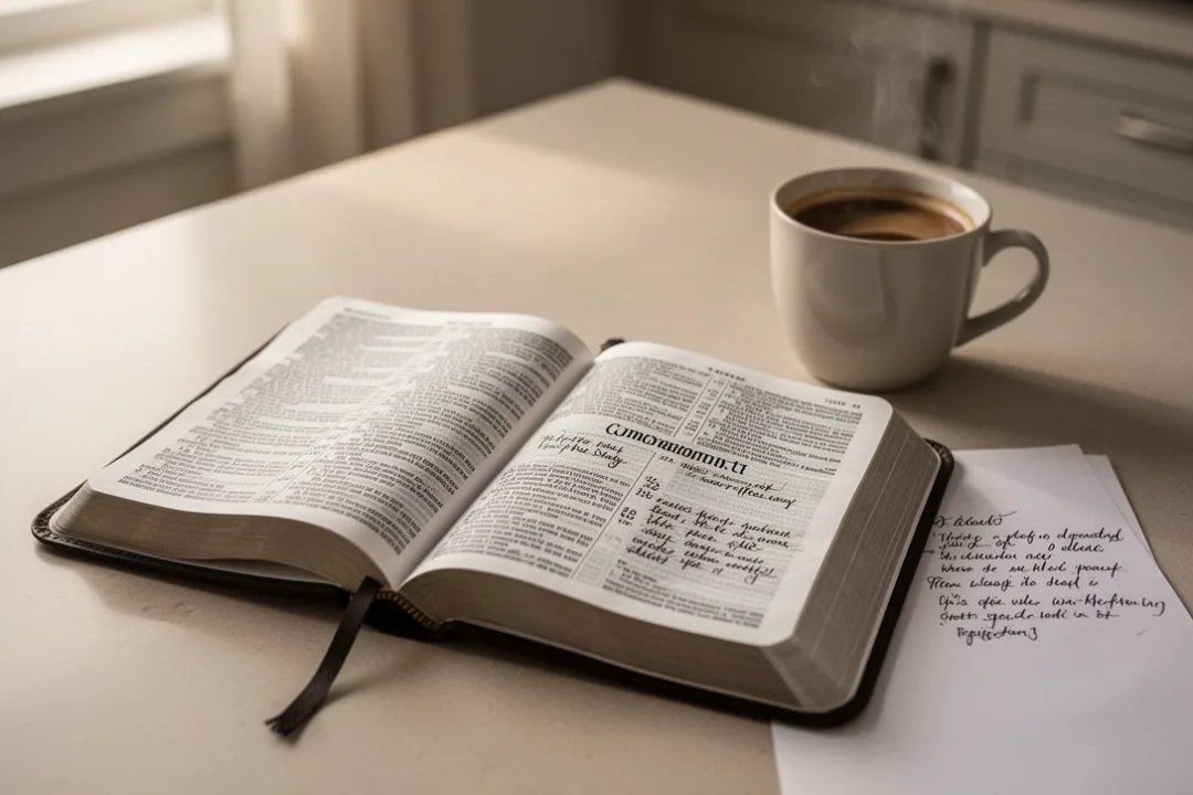 Open Bible and notes beside coffee during thoughtful commandment study