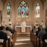 Anglican congregation attending Eucharist in a historic parish sanctuary
