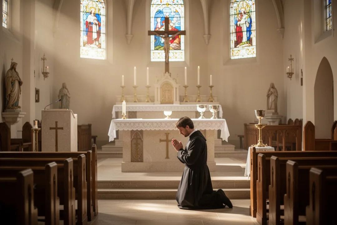 Worshiper praying quietly in a church after receiving Communion