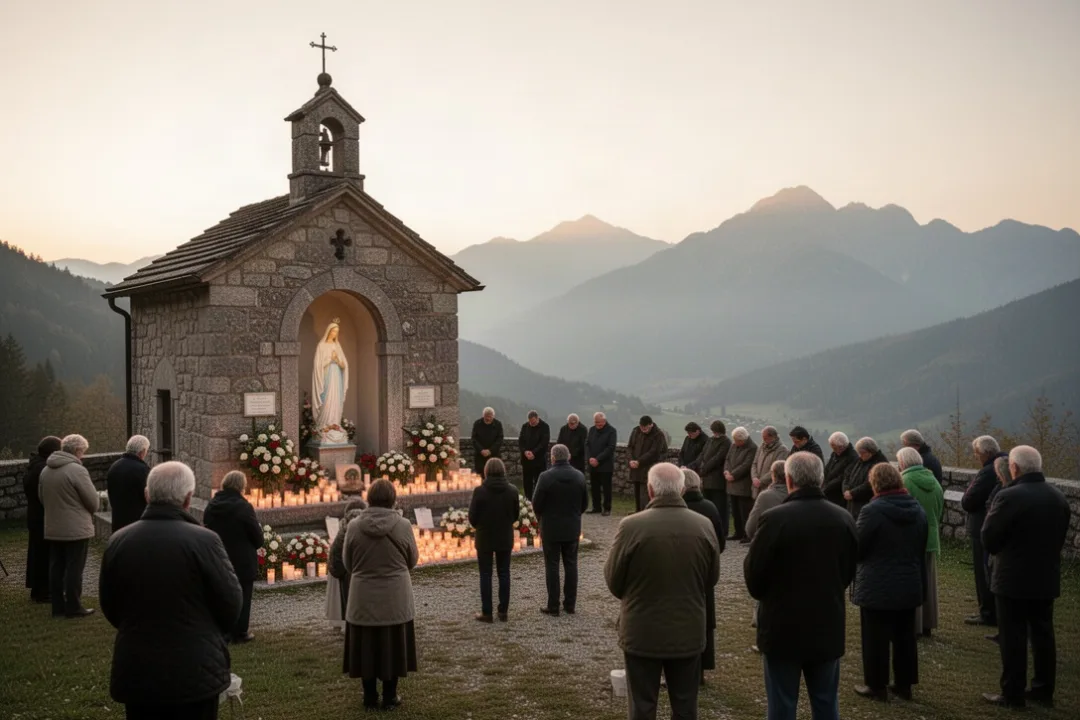 Pilgrims praying outside a historic Marian shrine at dawn