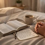 Open Bible and prayer journal beside folded hands in morning light