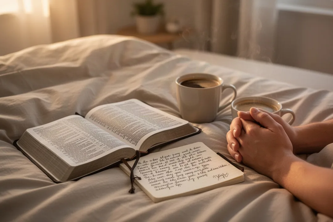 Open Bible and prayer journal beside folded hands in morning light