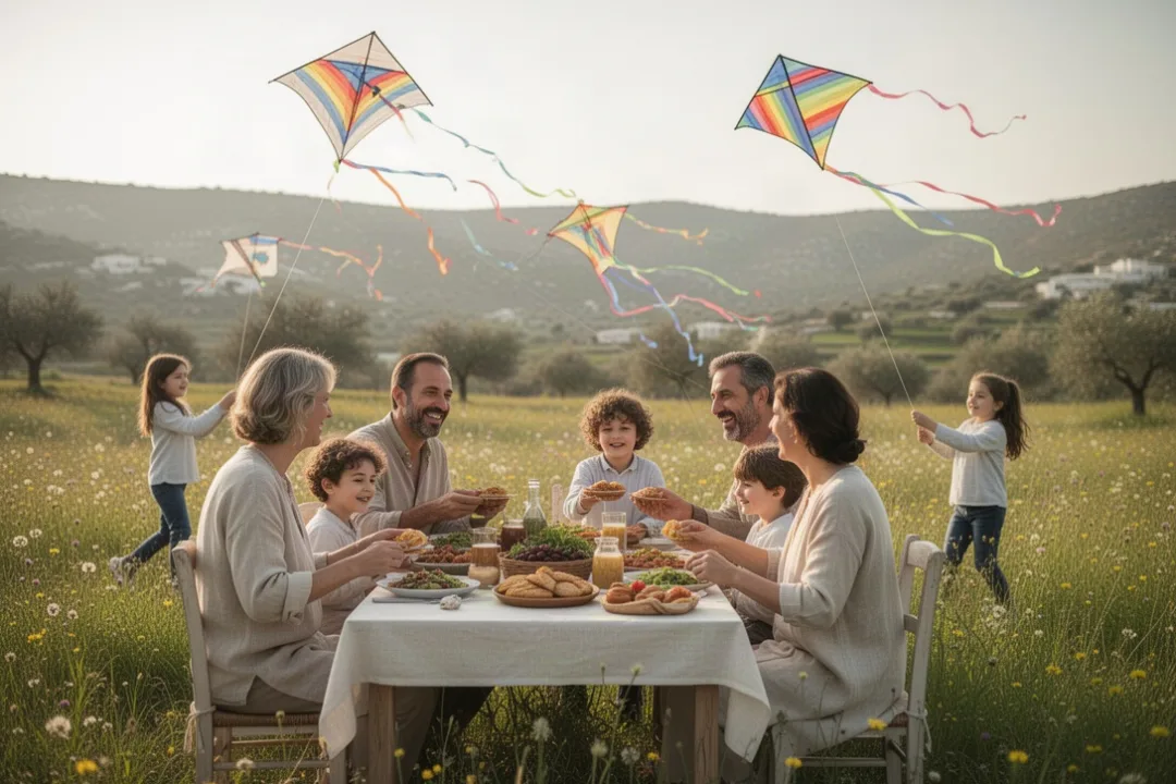 Family sharing Clean Monday foods while children fly kites outdoors