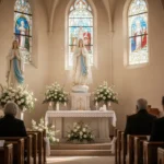 Parish church decorated with white flowers for the Assumption feast