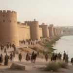 Ancient Nineveh beside the Tigris River with distant Assyrian people
